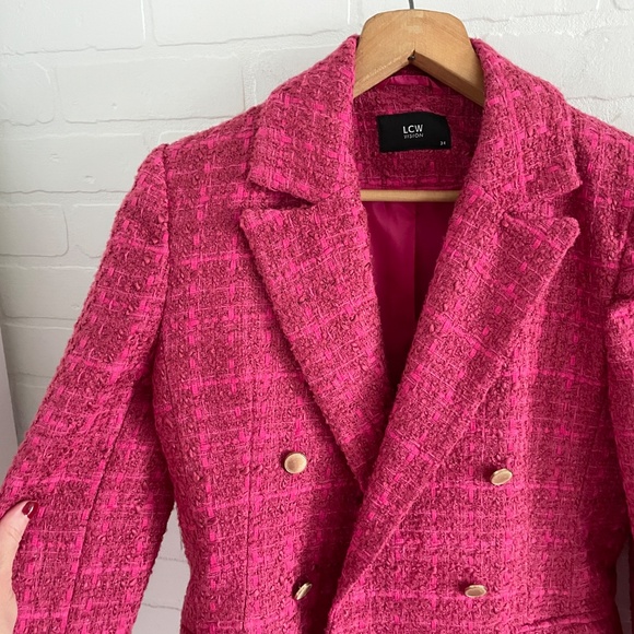 LC Waikiki Vision Blazer Tweed Jacket Chanel vibe Double breasted Pink Sz S - Picture 12 of 16